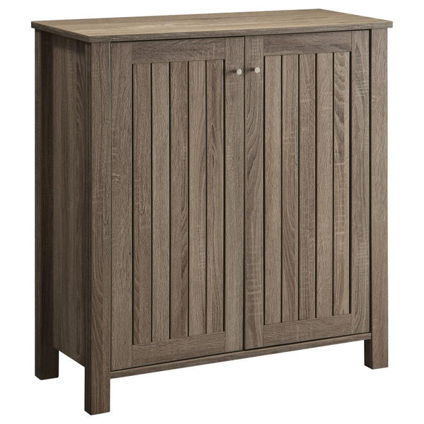 This shoe cabinet combines functionality with clean, contemporary design, featuring a slatted door front and a dark taupe finish. Crafted from engineered wood with a scratch-resistant and eco-friendly laminate veneer, it offers four tiers of interior shel