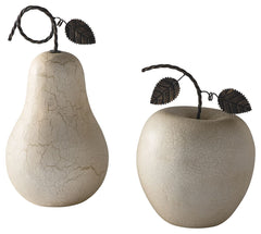 What a perfect pair. These apple and pear sculptures are artfully aged and scaled to fit almost anywhere. Display this delicious duo to give your space vintage appeal.<br><br><b>Additional Dimensions</b><br><ul><li>Sculpture-small: 0-"</li><li>Sculpture-l