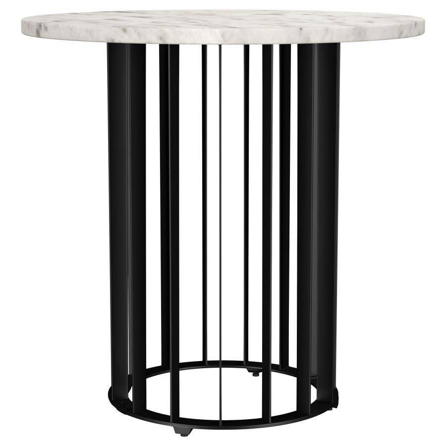 This end table combines contemporary style with premium materials, featuring a 20-inch diameter genuine marble top and a sturdy iron metal base. The open, vertical rod design creates an airy and modern look while providing reliable support. Its compact si
