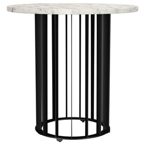 This end table combines contemporary style with premium materials, featuring a 20-inch diameter genuine marble top and a sturdy iron metal base. The open, vertical rod design creates an airy and modern look while providing reliable support. Its compact si