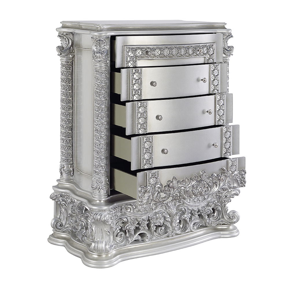 Characterized with button-tufted upholstery, intricate scrollwork, and lustrous finish, the Valkyrie Bedroom Collection provides the feeling of luxury and sophistication. Ornate carvings with floral scroll design on each piece boast extravagant silhouette