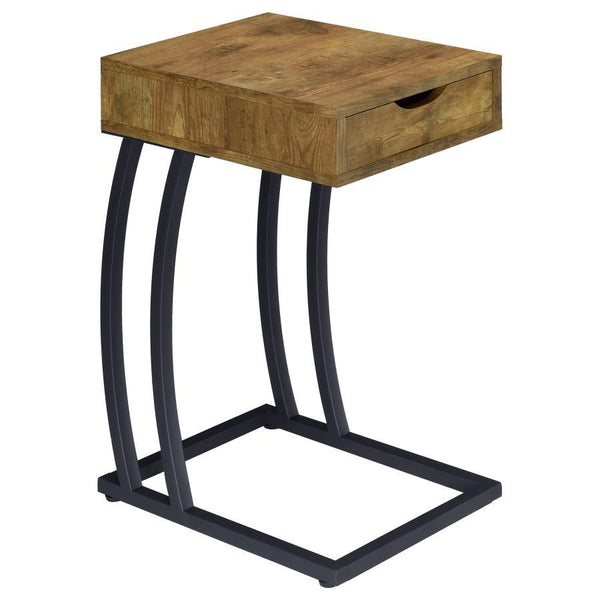 Designed for convenience and styled for optics. This accent table blends the best of architecture and earthy ambiance. Antique nutmeg finish wood offers a rustic look in a tabletop unit with storage drawers. Blended with a sleek dark metal frame, it stand