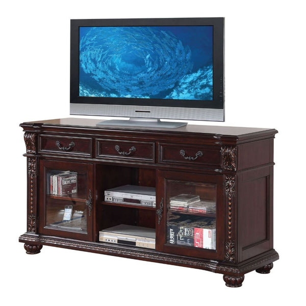 The Anondale TV stand classic style will blend masterfully in your living room area. The storage feature offers plenty of space to keep your entertainment components: two glass doors, and two media compartments, are complemented by three top drawers. Care