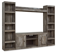 This entertainment center is sure to win your heart with its daring designer take on modern rustic. Its crisp, clean and minimalist-chic profile is enriched with a striking replicated oak grain with thick plank styling and a rustic gray finish for that mu
