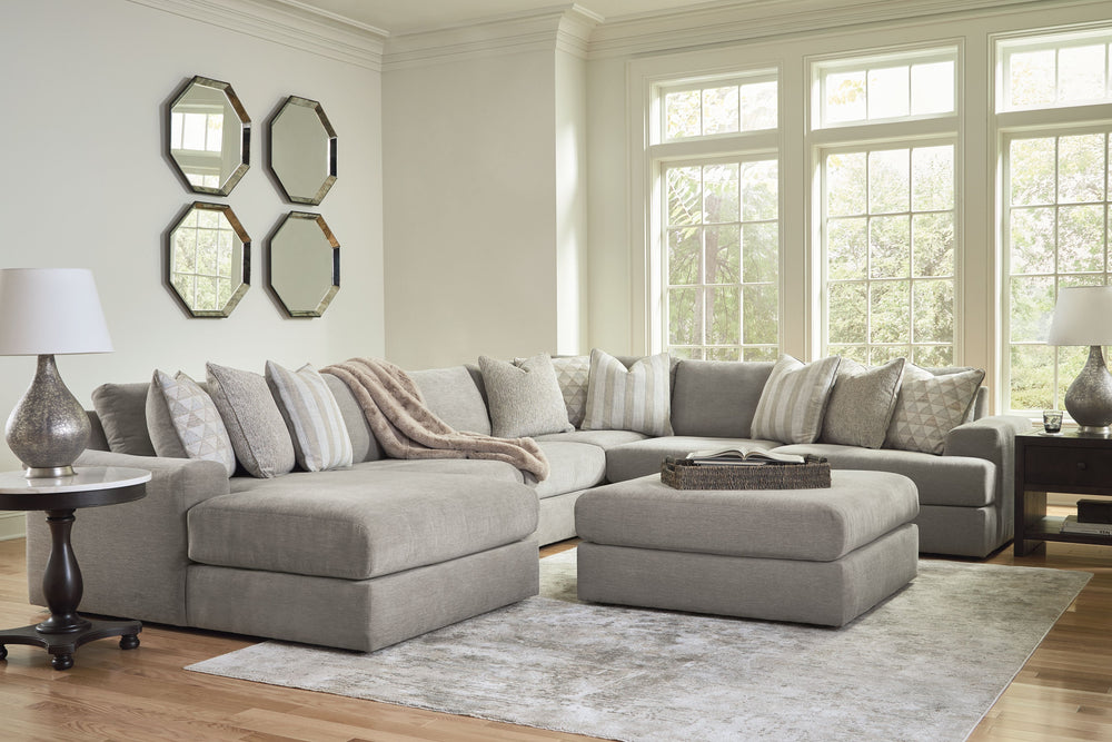 The casual, low-slung shape of this set makes it fully lounge-ready. Its deep seating invites you to sink right in, with bold beveled block arms that are softened by bullnose â€œwaterfallâ€ cushions. Best of all, the modular design lets you stage the pie