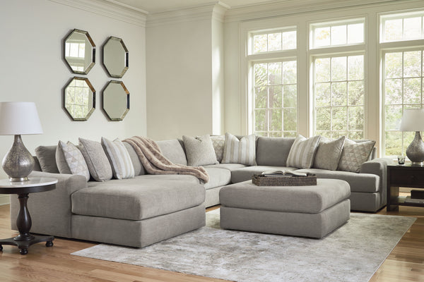 The casual, low-slung shape of this set makes it fully lounge-ready. Its deep seating invites you to sink right in, with bold beveled block arms that are softened by bullnose â€œwaterfallâ€ cushions. Best of all, the modular design lets you stage the pie