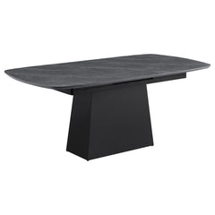 This modern dining table blends sleek aesthetics with functional versatility. The black marble-printed melamine tabletop offers a luxurious look while being scratch- and water-resistant for everyday durability. Its expandable design includes a 15. 75-inch