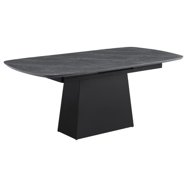 This modern dining table blends sleek aesthetics with functional versatility. The black marble-printed melamine tabletop offers a luxurious look while being scratch- and water-resistant for everyday durability. Its expandable design includes a 15. 75-inch