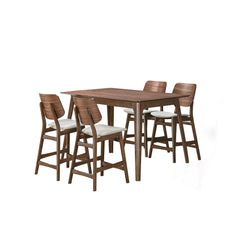 The Oscar Mid-Century Modern Wood 5 Piece Counter Height Dining Set offers a sophisticated blend of style and functionality for your dining area. This set includes a 60-inch counter height table and four counter chairs, all crafted from solid Rubberwood a