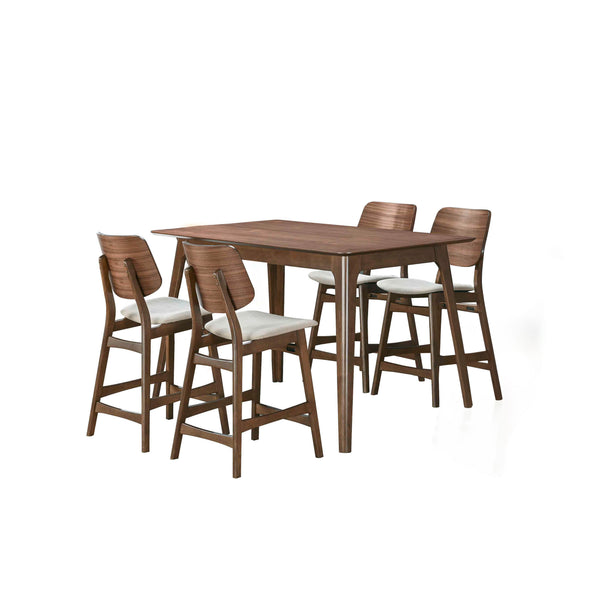 The Oscar Mid-Century Modern Wood 5 Piece Counter Height Dining Set offers a sophisticated blend of style and functionality for your dining area. This set includes a 60-inch counter height table and four counter chairs, all crafted from solid Rubberwood a