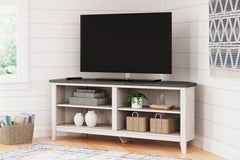With its minimalist charm, this TV stand is right in tune with your relaxed approach to high style. Beautifully shaped to nestle into any corner, itâ€™s well equipped with a flexible open-concept design and cutouts for wire management that enhance the cle