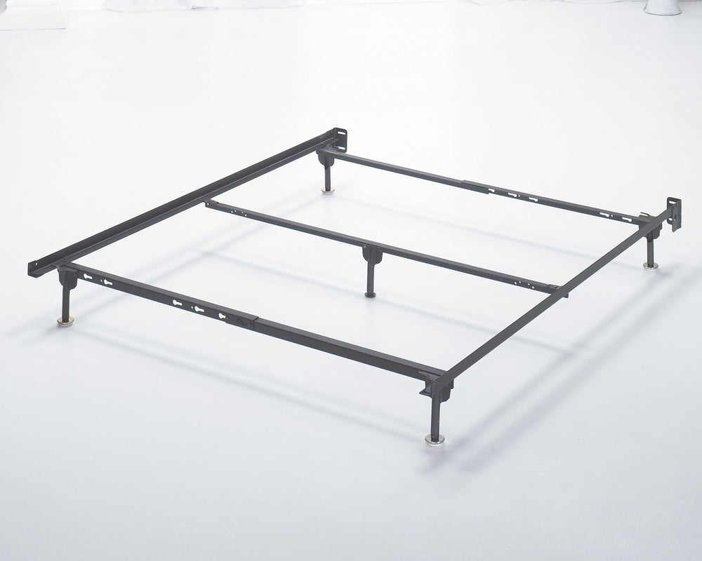 Sturdy metal bed frame supports queen mattresses and box springs. Bolts connect frame to most headboards.<br/><br/><b>Product Features</b><ul><li>Assembly required</li><li>Made of metal</li><li>Protective floor glides</li><li>Attaches to most queen headbo