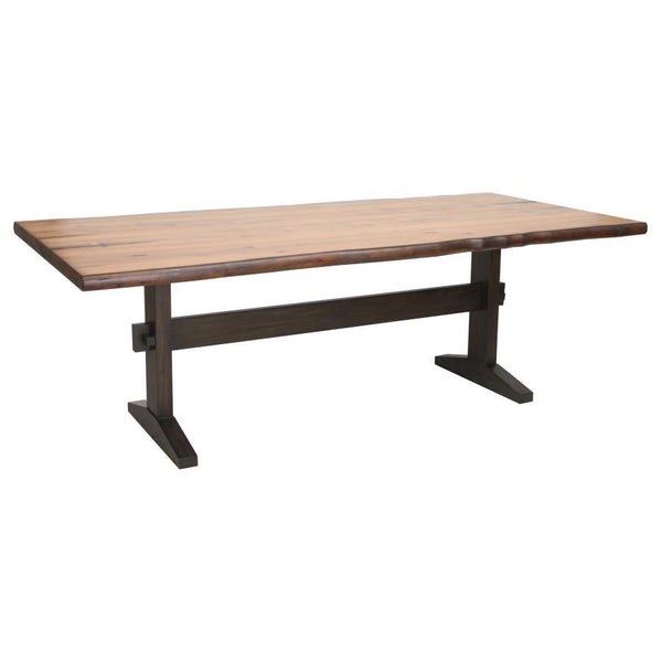 Rugged edges create a sense of rustic character for this wood dining table. Perfect for a family of six, the table measures 90 inches across and can easily accommodate a guest or two. The rectangular tabletop features a warm and inviting natural honey fin