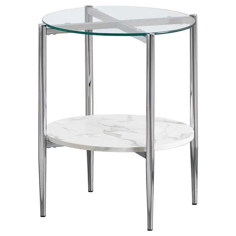Enhance your living space with this modern round end table, offering functionality and style. The clear tempered glass top provides a sleek surface, while the white faux marble shelf adds practical storage with a refined aesthetic. Its sturdy metal frame,