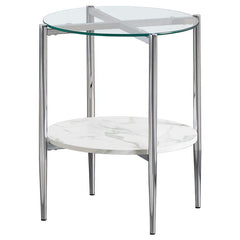 Enhance your living space with this modern round end table, offering functionality and style. The clear tempered glass top provides a sleek surface, while the white faux marble shelf adds practical storage with a refined aesthetic. Its sturdy metal frame,