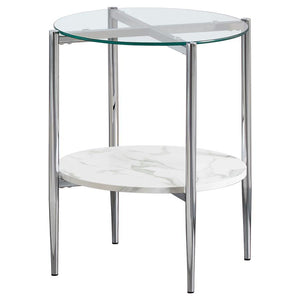 Enhance your living space with this modern round end table, offering functionality and style. The clear tempered glass top provides a sleek surface, while the white faux marble shelf adds practical storage with a refined aesthetic. Its sturdy metal frame,