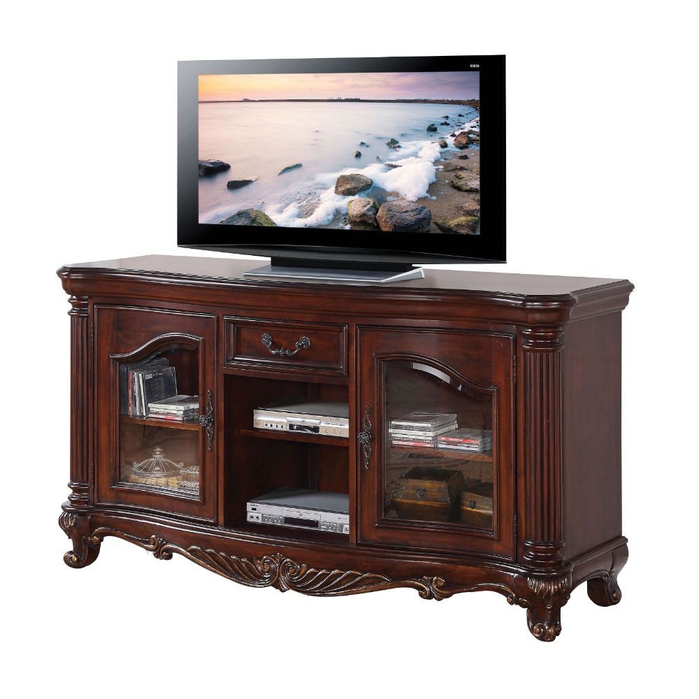 The Remington TV stand classic style will blend masterfully in your living room area. The storage feature offers plenty of space to keep your entertainment components: two glass doors, two media compartments, and one top drawer. Carefully constructed from