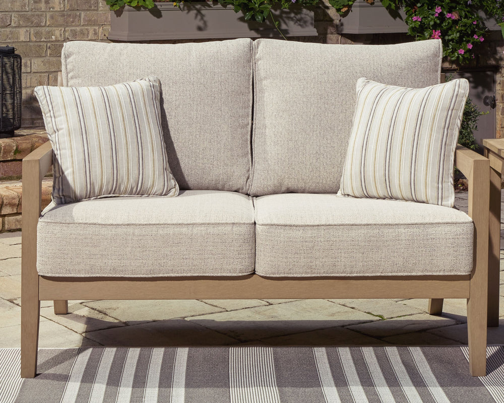 This loveseat is a beautiful addition to any outdoor living space. Effortless in its simplicity, this piece echoes your easygoing sensibilities. Combining durable, cutting-edge engineered materials, its Weatherwood construction enhances the contemporary d