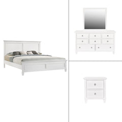 The Tamarack 4 Piece Bedroom Set in white, featuring a Panel Bed, Dresser, Mirror, and Nightstand, is a stunning combination of durability and elegance. Crafted with solid poplar, basswood veneers, and eco-friendly manufactured wood, this set ensures stre