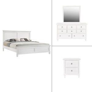 The Tamarack 4 Piece Bedroom Set in white, featuring a Panel Bed, Dresser, Mirror, and Nightstand, is a stunning combination of durability and elegance. Crafted with solid poplar, basswood veneers, and eco-friendly manufactured wood, this set ensures stre