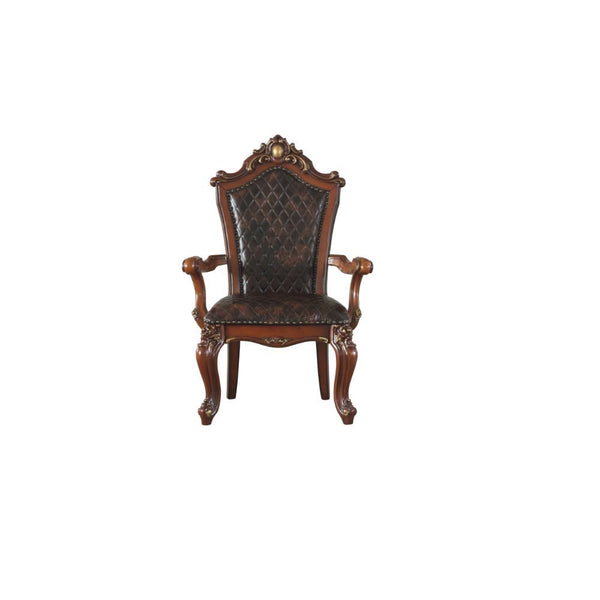 KD, Arm Chair (High Backrest) Stationary Seat: Standard Dining Height Padded SEAT & BACK: PU, Nailhead Trim Arched Backrest: Button Tufted Outside, Wood Frame with Oversized Crown and Raised Scrolled Motifs Scalloped Apron Seat: Raised Molding Trim Wooden