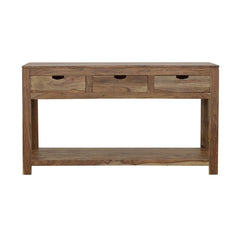 Elevate your space with the timeless beauty of this solid sheesham wood console table. Showcasing natural wood grain accents, this piece exudes rustic charm while offering practical storage. Three slide-out drawers with wooden glides provide easy access t