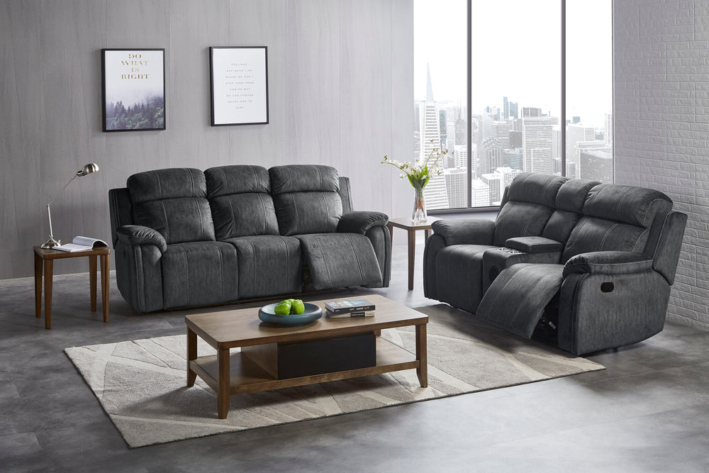 The Tango 2-Piece Motion Upholstery Set in Shadow Gray combines bold style, luxurious comfort, and smart features to transform your living space. Built to last with premium hardwood and plywood frames, this set includes a dual reclining sofa and a console