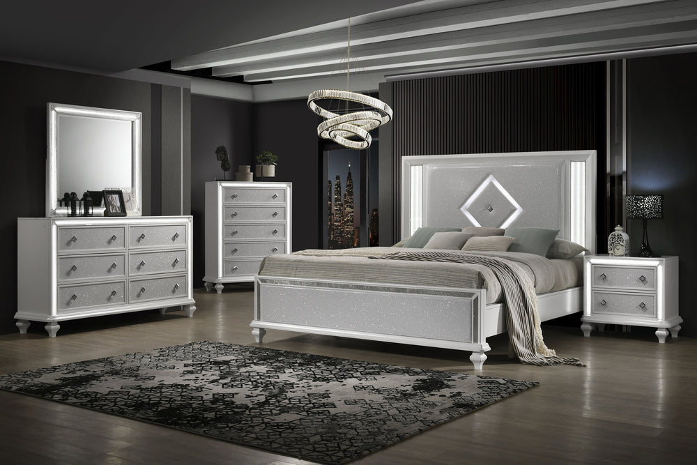 Elevate your bedroom decor to new heights with the Stardust 5 Piece Set in gleaming white, and including a Bed, Dresser, Mirror, Nightstand and Chest. Crafted with precision and durability in mind, each piece is expertly constructed from manufactured wood