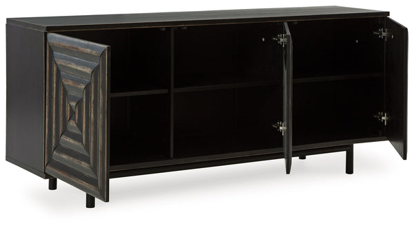  you canâ€™t help but be captivated by the high-end look and feel of this accent cabinet. The inlay pattern on its touch latch doors is made all the more interesting with cross-cut st