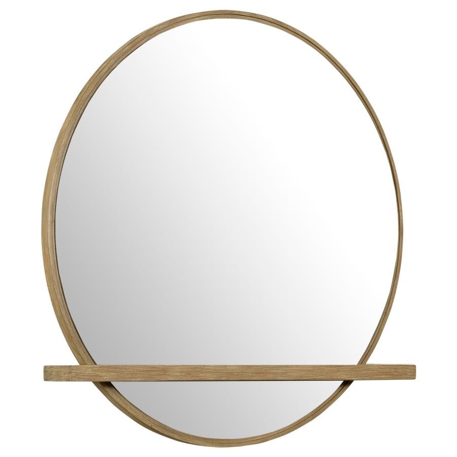 Make the most of your dresser space with this elegant, modern, dresser mirror, designed with a clever built-in tray below and a spacious round mirror above to help you prepare for the day. A wire-brushed sand wash wood frame presents an earthy light tone 