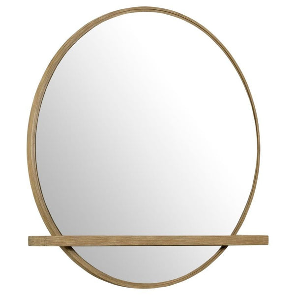 Make the most of your dresser space with this elegant, modern, dresser mirror, designed with a clever built-in tray below and a spacious round mirror above to help you prepare for the day. A wire-brushed sand wash wood frame presents an earthy light tone 