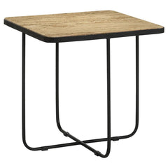 A blend of modern geometry and classic elegance, this square accent table makes a sophisticated statement in any space. The travertine stone tabletop adds a touch of natural beauty, featuring unique textures and organic variations that enhance its charm. 