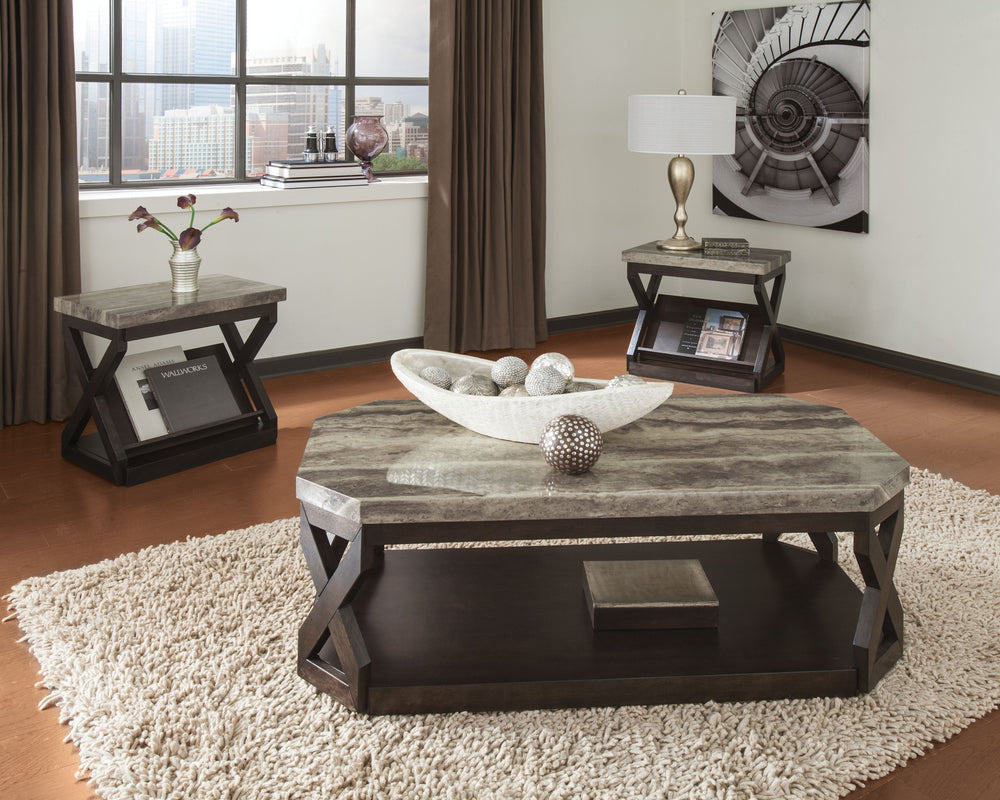 A cool cross of textural elements make this coffee table set with crisscross details a striking choice. Bathed in a polyurethane finish for practicalityâ€™s sake, the faux marble tops are thick and substantial. Magazine shelves seamlessly blend into the e