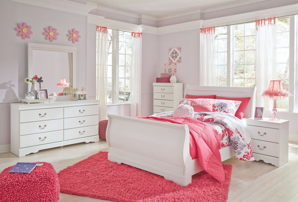 Anarasia - 6 Pc. - Dresser, Mirror, Full Sleigh Bed, Nightstand - White