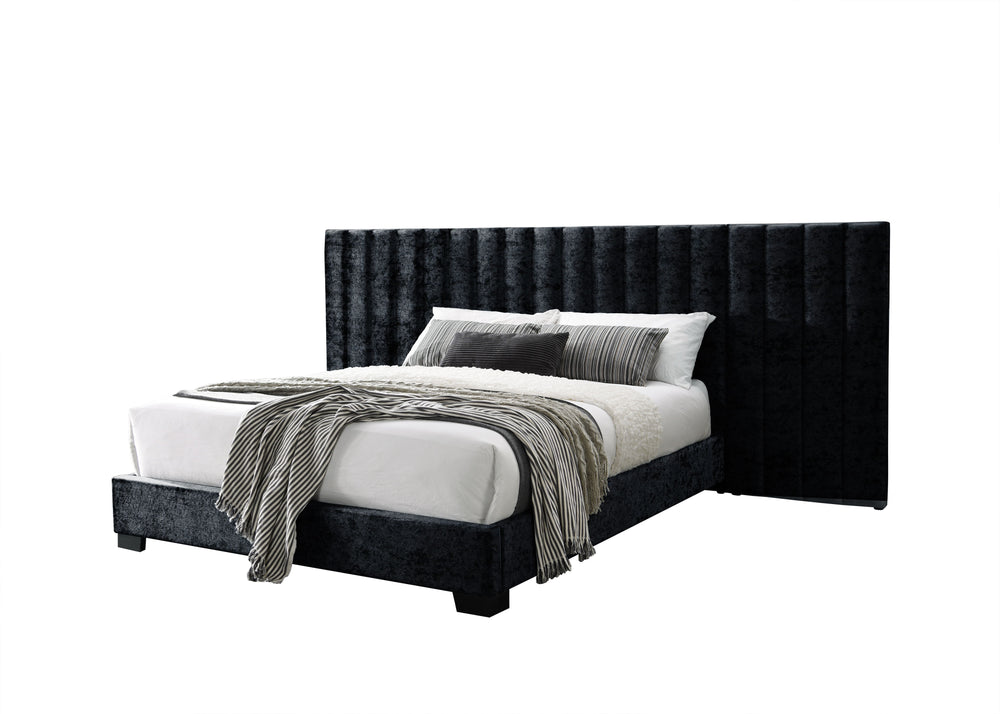 This Rivas bedroom group is sure to make a bold statement in your bedroom. The bed is fully padded in a luxurious black crushed fabric. Create a grand statement with its oversized channel-tufted headboard. This feature adds depth and more texture to the d