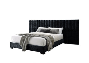 This Rivas bedroom group is sure to make a bold statement in your bedroom. The bed is fully padded in a luxurious black crushed fabric. Create a grand statement with its oversized channel-tufted headboard. This feature adds depth and more texture to the d