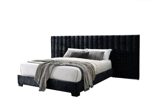 This Rivas bedroom group is sure to make a bold statement in your bedroom. The bed is fully padded in a luxurious black crushed fabric. Create a grand statement with its oversized channel-tufted headboard. This feature adds depth and more texture to the d
