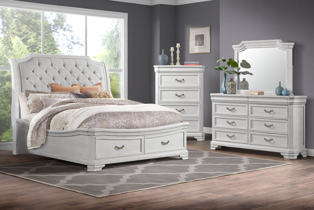 Discover the Lyndhurst 4 Piece Bedroom Set, a testament to enduring craftsmanship and timeless style. This set includes a magnificent bed, 6-drawer dresser, mirror, and 5-drawer chest, all in rich Vintage White. Crafted from solid Acacia, Acacia veneers, 