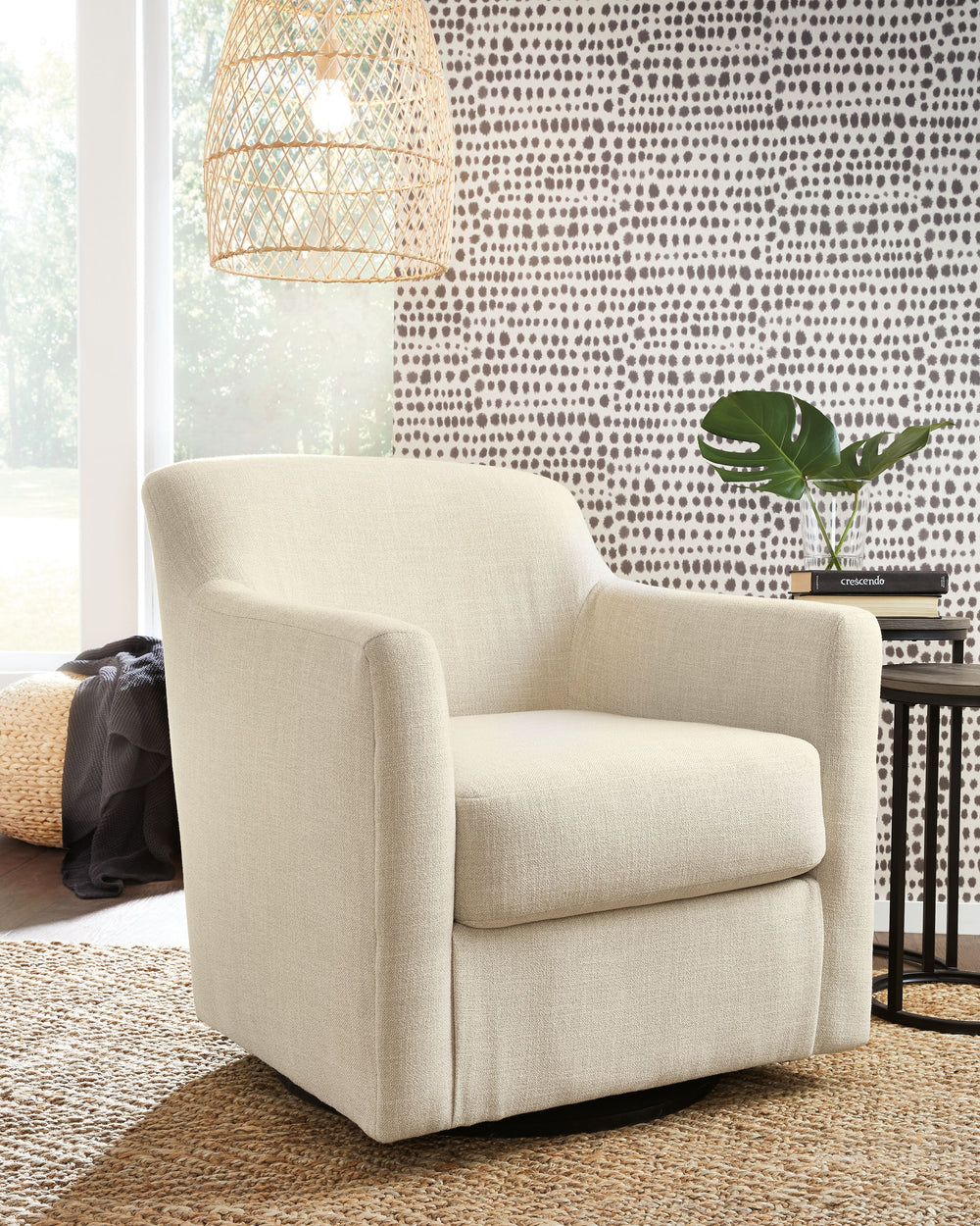 Down with uptown style. This swivel accent chair goes to town with a high-design aesthetic that-'s temptingly affordable. An ideal way to enhance your lounge space, this chair with a 360-degree swivel base brings casually chic style full circle.<br><br><b