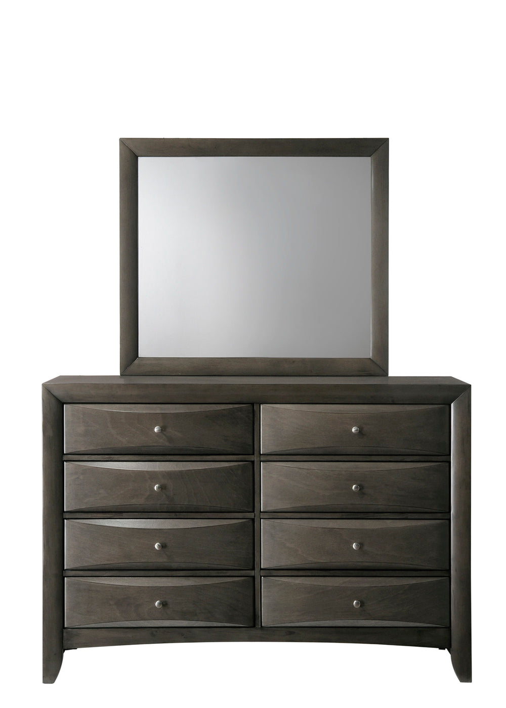 Experience timeless elegance with this sophisticated bedroom suite, exuding a rich gray finish that enhances its robust and stately form. At the heart of the ensemble is a captain-'s bed graced with an innovatively designed headboard, boasting integrated 
