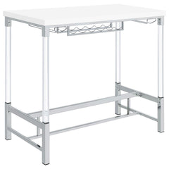 Create the ideal spot to share a bottle of wine with friends with a contemporary bar table. Perfect for two to four, it boasts a crisp, streamlined silhouette with an elevated tabletop in a bright white finish. The base features a silver finish and trestl