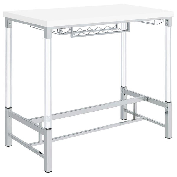Create the ideal spot to share a bottle of wine with friends with a contemporary bar table. Perfect for two to four, it boasts a crisp, streamlined silhouette with an elevated tabletop in a bright white finish. The base features a silver finish and trestl