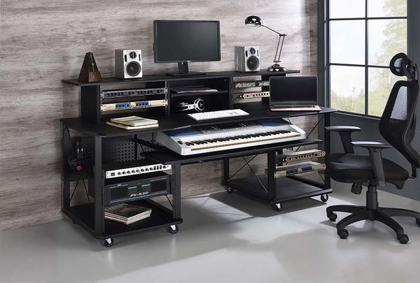 Bigger and better than ever, the Megara music desk is a great option for aspiring artists or producers. It offers plenty of mounting rack space for a lot of musical equipment. It features a pull-out keyboard tray and a smaller pull-out tray on the hutch f
