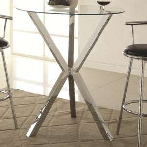 Bar Units and Bar Tables Round Pub Table with Glass Top and X-Shaped Chrome-Colored Base