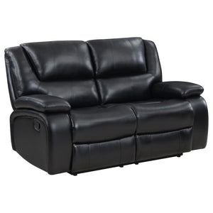 Bold black leatherette upholstery offers the look of luxurious leather with easy-care maintenance as the motion loveseat is versatile and beautiful. Living rooms, family rooms, and media venues become comfort zones with the plump feel and clean design of 