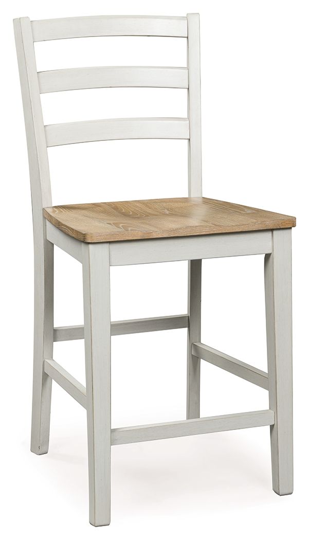 Busy breakfasts and family dinners get a dose of modern farmhouse flair with this counter height bar stool. Its two-tone finish contrasts a light butcher block hue with antiqued white for an utterly charming effect. A contoured seat elevates the comfort l
