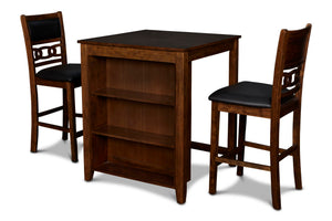 The small space friendly Gia Counter Storage Table and Chair Set has a built-in shelf unit that provides the ideal spot for dinnerware or kitchen essentials. The dining table and chair legs are crafted of solid Rubberwood to add strength and stability. Mi
