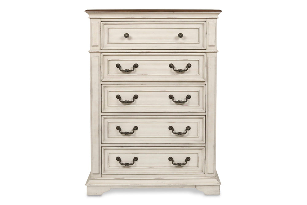 Complete your bedroom ensemble with the New Classic Furniture Anastasia 5 Drawer Chest in Antique White, a testament to real wood craftsmanship with solid poplar and oak veneer for enduring durability. The heirloom finish, achieved through a meticulous mu