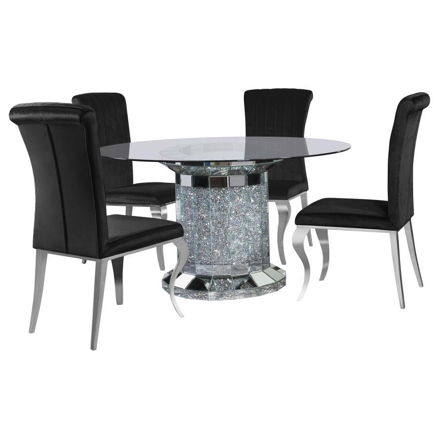 Invite over a few guests to celebrate at this modern glam dining table. A round, clear glass top reveals the scintillating column-inspired pedestal frame beneath, offering an open and airy look. Sparkling faux diamonds are encrusted within the base for a 