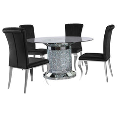 Invite over a few guests to celebrate at this modern glam dining table. A round, clear glass top reveals the scintillating column-inspired pedestal frame beneath, offering an open and airy look. Sparkling faux diamonds are encrusted within the base for a 